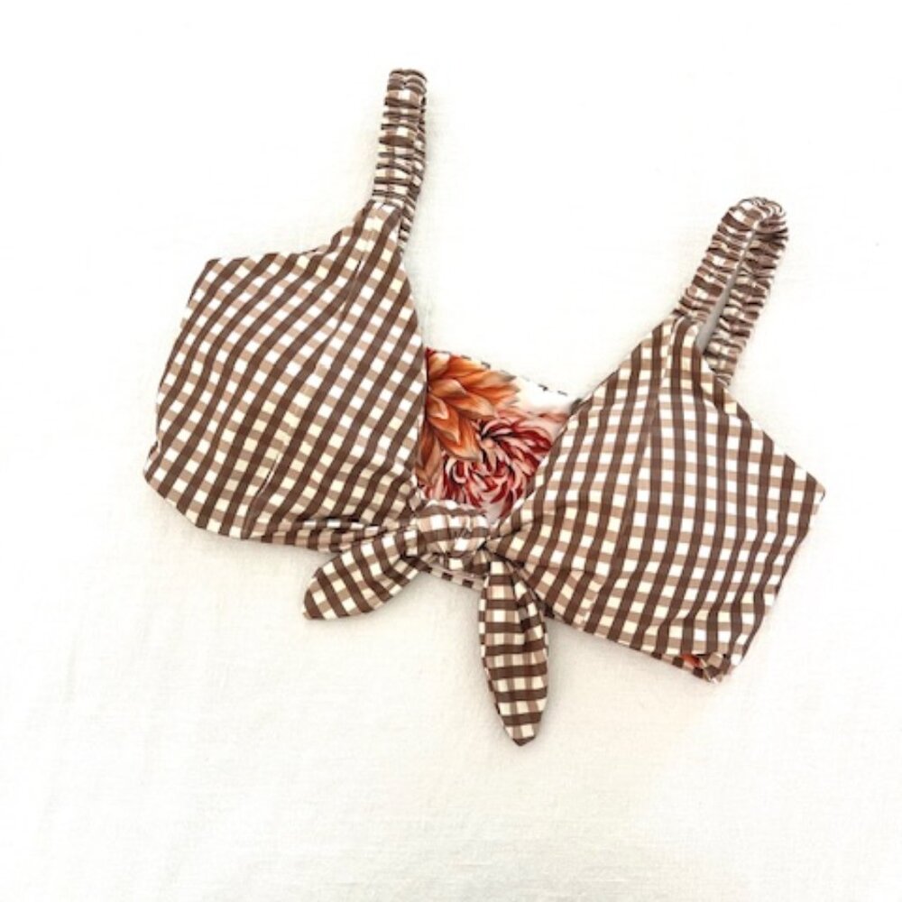 Maaji Floral and Brown Gingham Check Bikini Top Crop Top, Reversible, Sz L